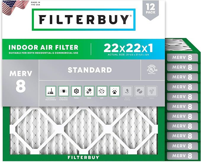 Filterbuy 22x22x1 Air Filter MERV 8 Essential Dust & Allergy Defense, by Filterbuy