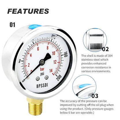 0-200 Psi Glycerin Liquid Filled Low Pressure Gauge, 2.5" Dial Size, 1/4" G - Image 5