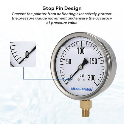 MEASUREMAN Glycerin Filled Plumbing Pressure Gauge 0-200psi Stainless Steel Case - Image 3