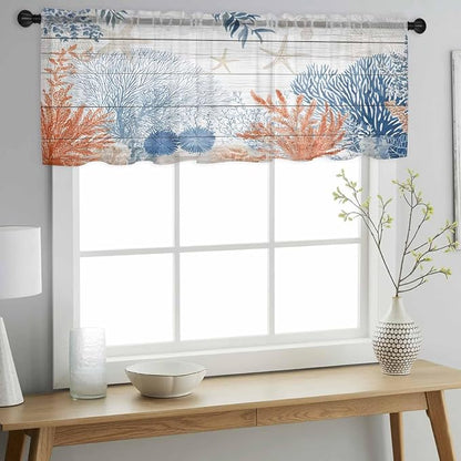 Ocean Corals Sheer Valance Curtains, Summer Beach Coral Sea Stars Wood Grain - Image 3