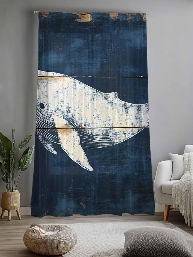 Sheer Curtains 96 Inches Long, Ocean Whale Blue Semi Sheer Curtains Light - Image 2