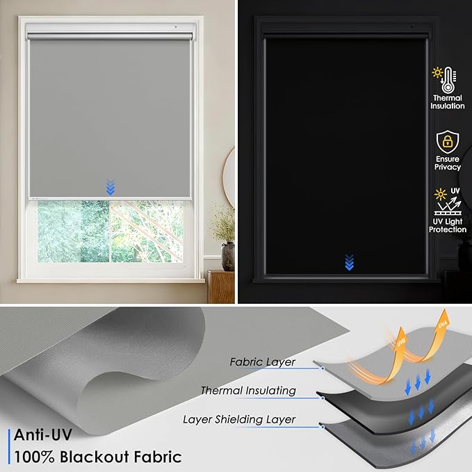 Motorized Roller Blinds with Remote Control & Solar Panel - 100% Blackout Smart Blinds, Automatic, Cordless, Electric Shades - Compatible with Alexa - Gray