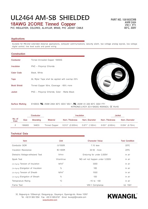 KWANGIL 2C 18AWG AMSB Shielded Cable Wire (UL2464) - Highly Flexible Str TC, PVC Ins, OS+TC BRD, PVC JKT for CNC Machine, Stepper Motor, VFD Spindle (Matte Black 50FT)