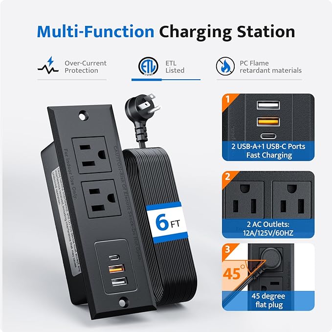 DOACE Recessed Power Strip with USB C Fast Charging Conference Recessed Outlet,Space-Saver for Furniture Side Table,2 AC Outlets,3 USB Ports,6ft Cord, for Home