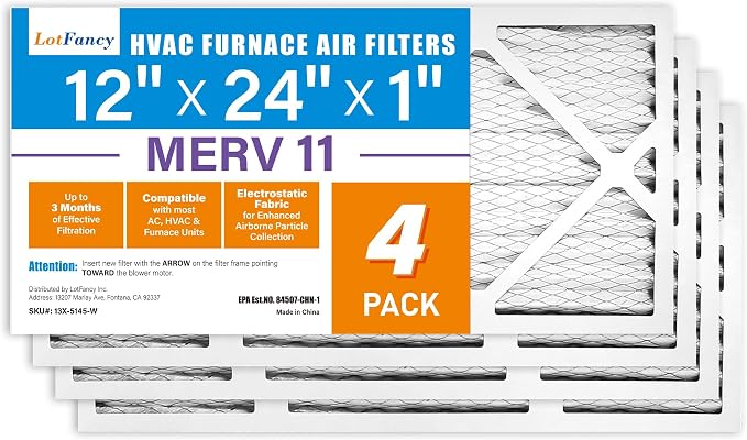 LotFancy 12x24x1 Air Filter MERV 11 4-Pack, Electrostatic Pleated AC Furnace by LotFancy