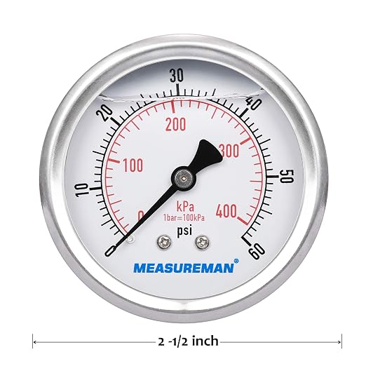 MEASUREMAN 2-1/2inch Dial Size, Liquid Filled Pressure Gauge, 0-60psi/400kpa - Image 5