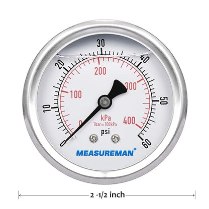 MEASUREMAN 2-1/2inch Dial Size, Liquid Filled Pressure Gauge, 0-60psi/400kpa - Image 5