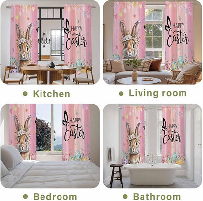 Easter Kitchen Curtains, Spring Rabbit Eggs Flowers Flags Leaves Wood Grain - Image 8