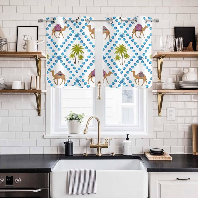 2 Panel Kitchen Cafe Curtains, Camels Palm Trees Sunlight Filtering Nature Air - Image 2