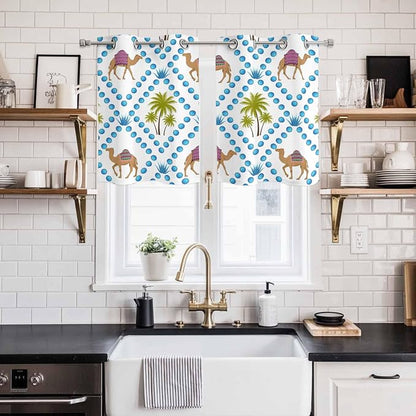 2 Panel Kitchen Cafe Curtains, Camels Palm Trees Sunlight Filtering Nature Air - Image 2