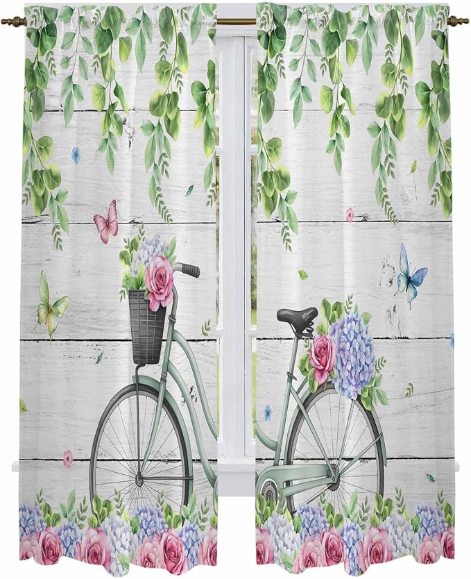 Spring Kitchen Curtains, Bicycles Botanical Rose Leaves Butterfly Wood Grain by Unknown
