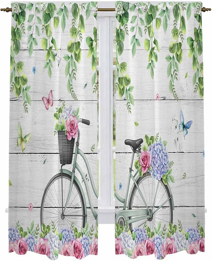 Spring Kitchen Curtains, Bicycles Botanical Rose Leaves Butterfly Wood Grain by Unknown