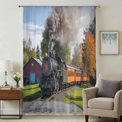 Steam Train Sheer Curtains 84 Inch Length Railroad Country Barn Rustic Trees - Image 3