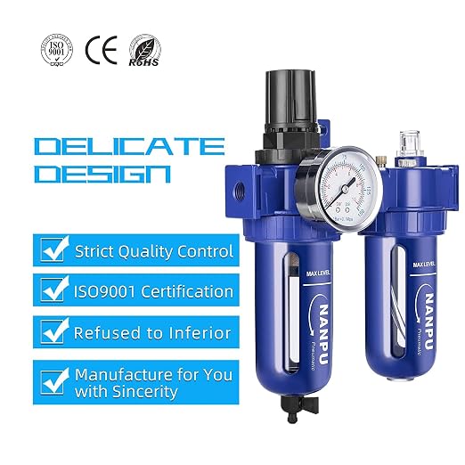 NANPU 1/4" NPT Compressed Air Filter Regulator Lubricator, Zinc Alloy, 5 Micron - Image 6