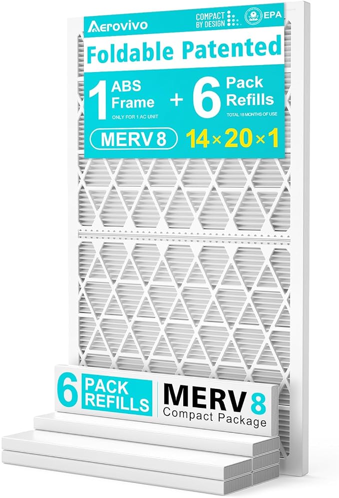 14x20x1 Refillable Air Filter Kit, MERV 8, 1 Reusable Foldable Frame ＆ 6 Refills by AErovivo