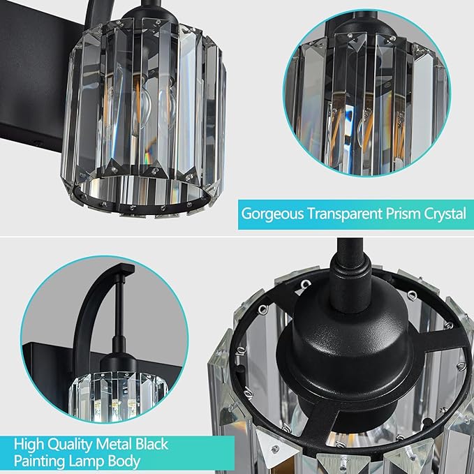 FDPBY 4-Light Crystal Vanity Light, Modern Black Bathroom Wall Sconce with K9 Crystal Shades, 32.67" Long Over Mirror Lighting for Vanity, Makeup, Hallway, Elegant & Easy Install