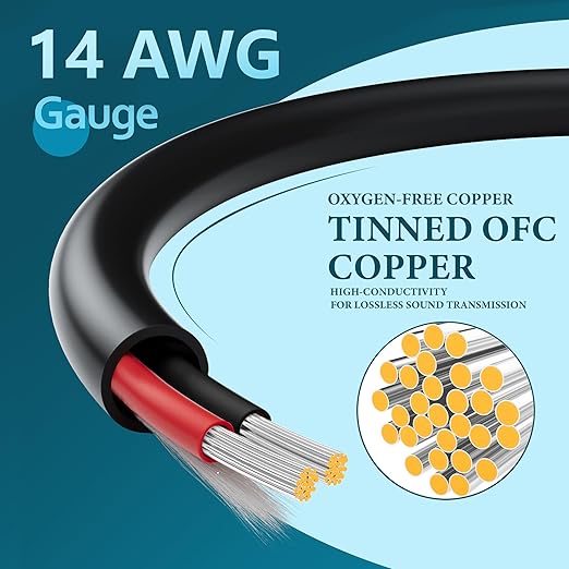 HiFind 14/2 Gauge Speaker Wire Cable 200 Ft-Tinned OFC Copper-UL CL3 Rated- Indoor/Outdoor-Pro Series 14 AWG-UV PVC Jacket&Cotton, Hi-Fi Sound for Car Audio,Home Theater Speakers,Stereos-Black
