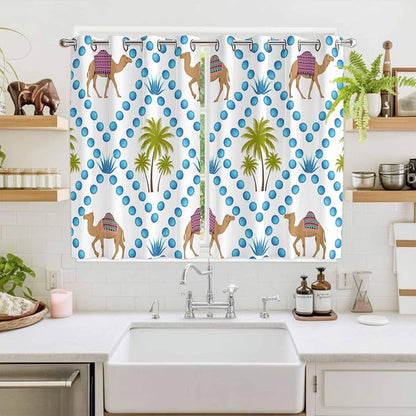 2 Panel Kitchen Cafe Curtains, Camels Palm Trees Sunlight Filtering Nature Air - Image 2
