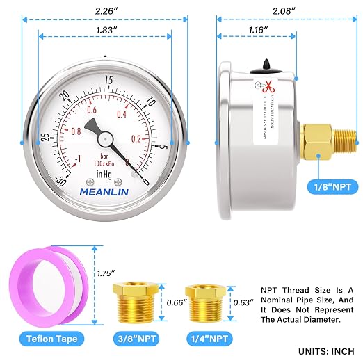 MEANLIN MEASURE -30inHG~0Psi Vacuum Gauge Stainless Steel 1/8" NPT 2" FACE DIAL - Image 2