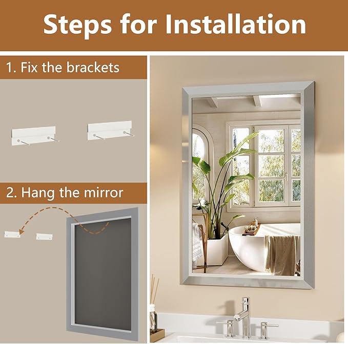 SMIROR Brushed Silver Bathroom Mirror for Over Sink, 24”x 36” Metal Thick Framed Rectangle Vanity Mirror for Wall, Right Angle Corner, Anti-Rust, Horizontally or Vertically Mounted