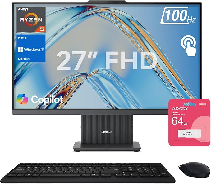 Lenovo IdeaCentre Business All-in-One, 27" FHD Touchscreen 100Hz, AMD Ryzen 5 7535HS, 64GB DDR5 RAM, 2TB SSD, Webcam, Wireless KB & Mouse, Windows 11 Home, Bundle with Adata 64GB USB Flash Drive