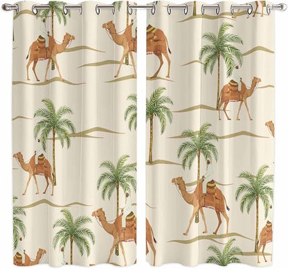 2 Panel Kitchen Cafe Curtains, Date Coconut Tree Sunlight Filtering Nature Air by Hokiten