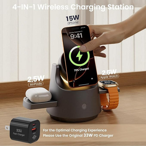 3 in 1 Wireless Charging Station for Apple Devices, PDMAX Qi Mag-Safe Charger Stand & RGB Light, Fast Charging Station for iPhone 17 PRO MAX,16,15 Series&iWatch&Air Pods, Grey(33W Charger Included)