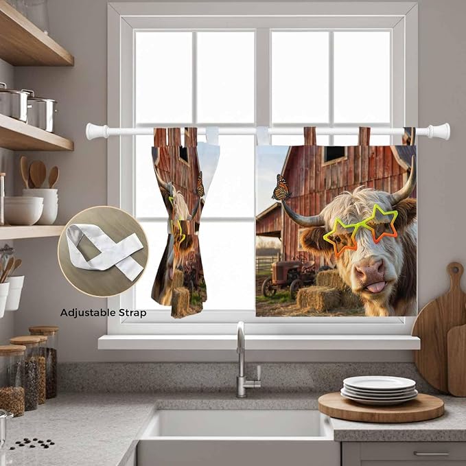 Farm Yaks Kitchen Curtains 24 Inch Length, Small Window Curtains Tab Top - Image 5