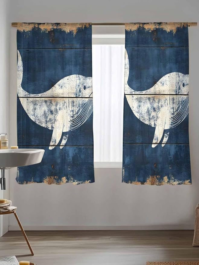 Sheer Curtains 63 Inch Length, Ocean Whale Blue Semi Sheer Curtains Light - Image 5