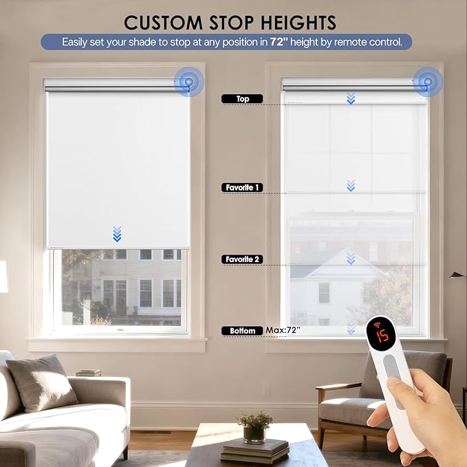Motorized Blackout Smart Roller Blinds with Remote Control & Solar Panel - Automatic Electric Shades for Windows, Compatible with Alexa - White,36" W*72" H