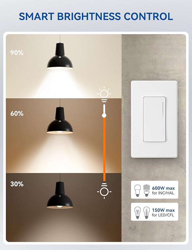 ELEGRP Smart Dimmer Light Switch DTR10, Single Pole Setup, 2.4GHz Wi-Fi Touch Dimmer Compatible with Alexa and Google Assistant, Needs Neutral Wire, No Hub Required, UL&FCC Listed, White, 4 Pack