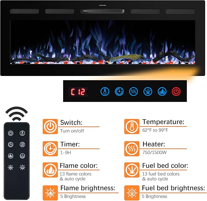 48" WiFi Electric Fireplace Inserts, Recessed and Wall Mounted Fireplace Heater W/Adjustable Flame Color & Brightness, Thermostat, 9H Timer, App and Remote Control, Low Noise, 750/1500W