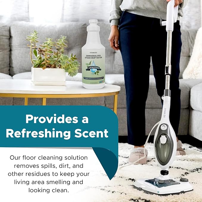 Steam and Go Demineralized Water - Multi-Surface Cleaning Solution for Steam Mop, Ready-to-Use Floor Cleaner, Ideal for Home & Office, Compatible w/Any Steam Mop - Eucalyptus Mint, 32oz, Pack of 12