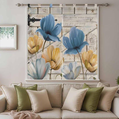 Blue Yellow Tulips Bathroom Curtains 63 Inch Length, Window Curtains Tab Top - Image 9