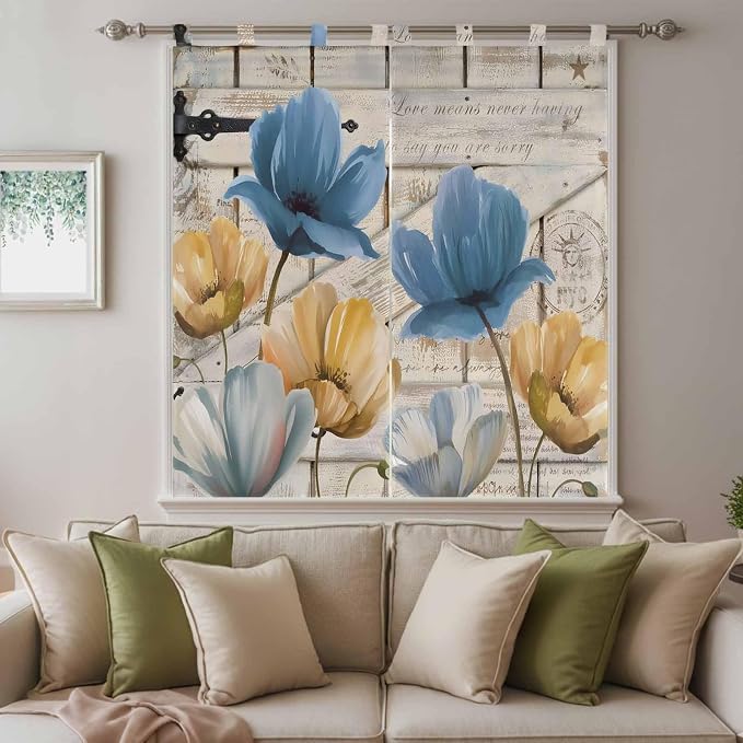 Blue Yellow Tulips Living Room Curtains 84 Inch Length, Window Curtains Tab Top - Image 9