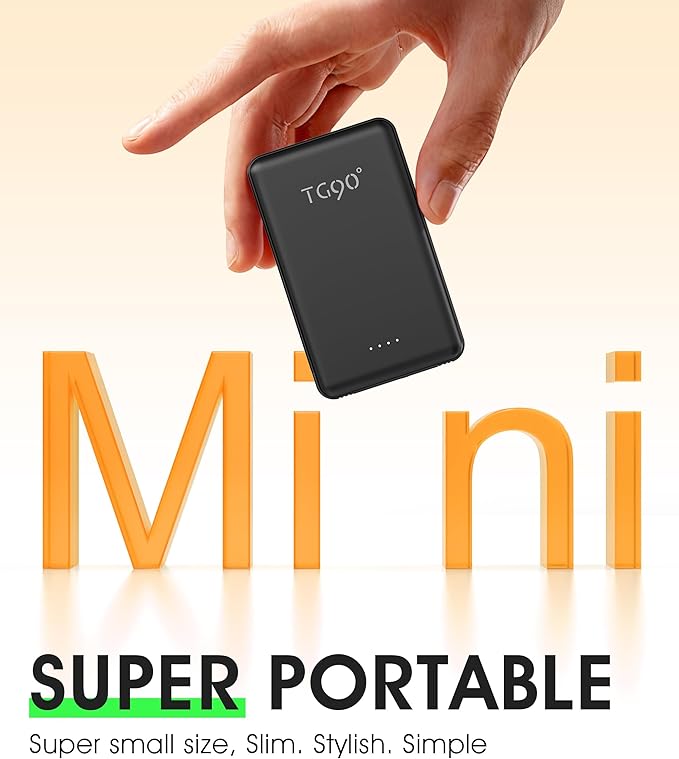 TG90° Ultra Slim 5000mAh Portable Charger Built-in Foldable AC Wall Plug and Cables, Pocket Size USB C Power Bank,External Battery Pack Compatible with iPhone 17 16 15 14 13 12 Android Devices iPad