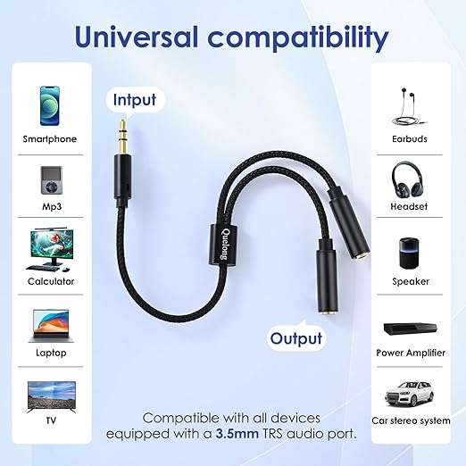 Quelong 5Pcs Headphone Splitter, Dual Headphone Nylon Braided Extension Cable, Hi-Fi Audios Stereo Y Splitter 3.5mm 2 Female 1 Male, Suitable for Phones, PS4, Amplifiers, Smartphones, Tablets,etc.
