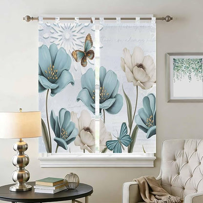 Blue Tulips Bathroom Curtains 63 Inch Length, Window Curtains Tab Top, - Image 2