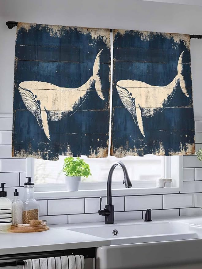 Sheer Curtains 54 Inch Length, Ocean Whale Blue Semi Sheer Curtains Light - Image 5
