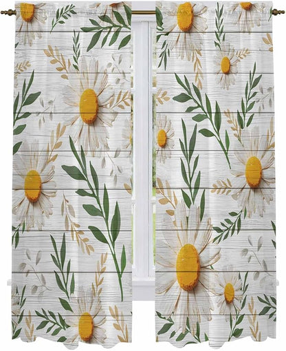 Spring Daisy Kitchen Curtains, Farmhouse Country Flower Leaf Plant Wood Grain by Unknown