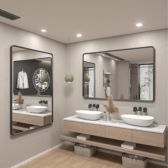 55x40 Inch Black Matte Framed Mirror for Bathroom, Rounded Rectangle Mirror, Bathroom Vanity Mirror for Wall, Anti-Rust, Shatterproof (Horizontal/Vertical)