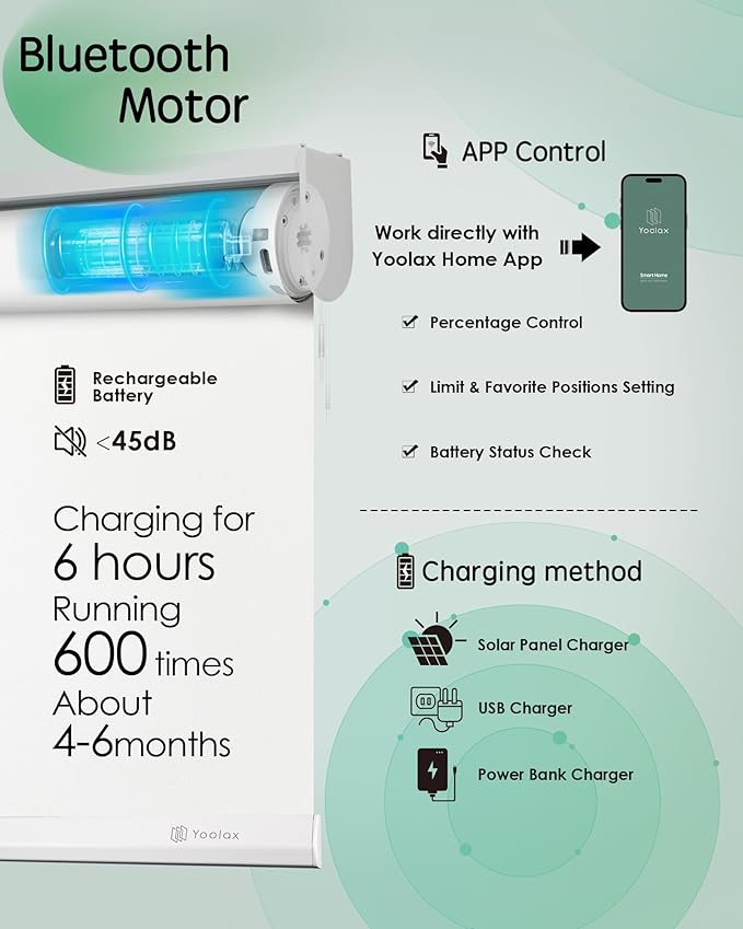 Yoolax Motorized Blinds App Control, Blackout Roller Shades for Windows, Cordless Automatic Shades Roller Window Blinds for Bedroom Living Room Office (Blackout Alpine White, 34" W x 72" H)