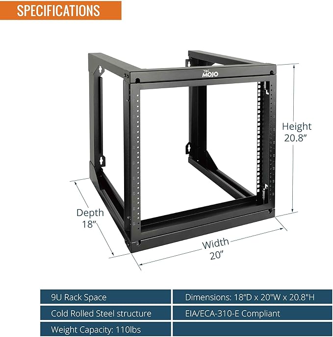 Tecmojo 9U Wall Mount Rack, Server Rack,Open Frame Server Rack,Network Rack for 19inch Computer/AV/Data/IT/Media Equipment,18inch Depth,16inch Apart Mounting Holes,Swing Gate,Square and Tapped Holes