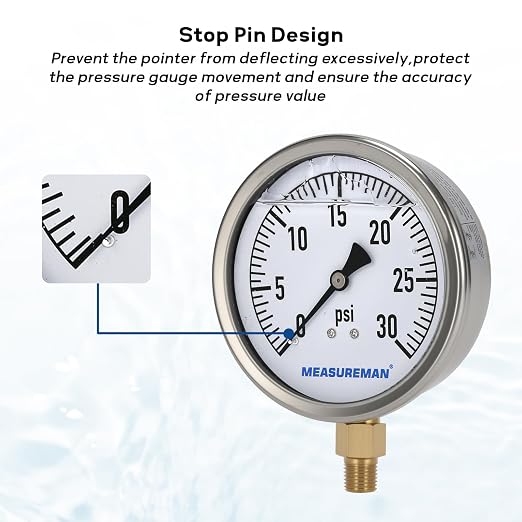 MEASUREMAN Glycerin Filled Plumbing Pressure Gauge 0-30psi Stainless Steel Case - Image 3