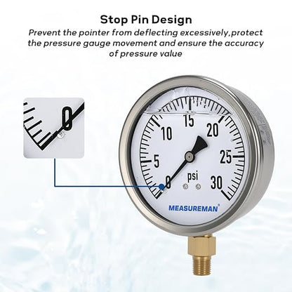 MEASUREMAN Glycerin Filled Plumbing Pressure Gauge 0-30psi Stainless Steel Case - Image 3