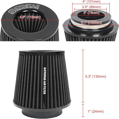 KYOSTAR Universal 3/3.5/4" High-Flow Air Filter, Reusable Cone Cold Air Intake - Image 2