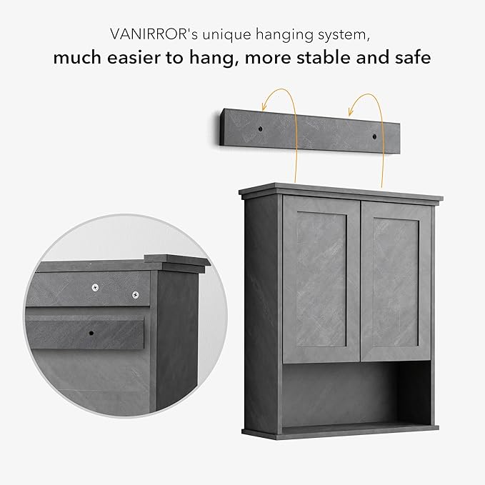 Bathroom Wall Cabinet Over Toilet Storage Cabinets 25x30 in Above Toilet Wood Medicine Cabinets for Bathroom Wall Mounted Cabinet with 2 Door & Adjustable Shelf Texture Grey