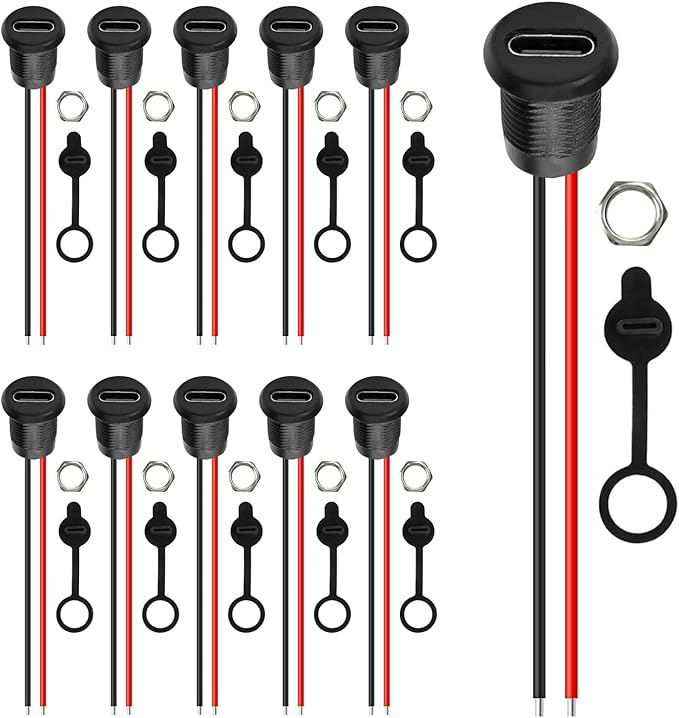 Gebildet 10pcs Type-C Female Chassis 2 Pin Wire 24AWG Waterproof Jack Connectors 3A USB C Pigtail Cable Extension Socket Plug