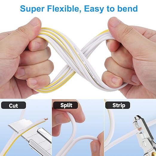 18AWG Speaker Wire 25 FT, 18 Gauge Audio Security Alarm Hookup Control Low Voltage Cable, Home Theater Wire, Automotive Wire, White Cord with Yellow Polarity Marker, CCA, 2 Conductors Electrical Wire