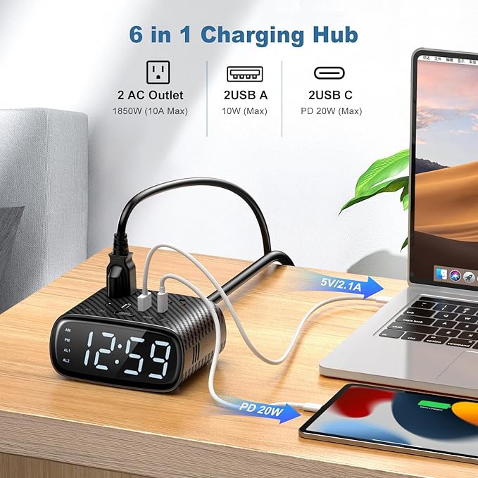 2PCS Alarm Clock with 2 USB-C, 2 USB-A Chargers Power Strip 2 Outlets - Screen LED Dimmable Digital Clock with Snooze Function - Dual Alarm for Bedside Nightstand